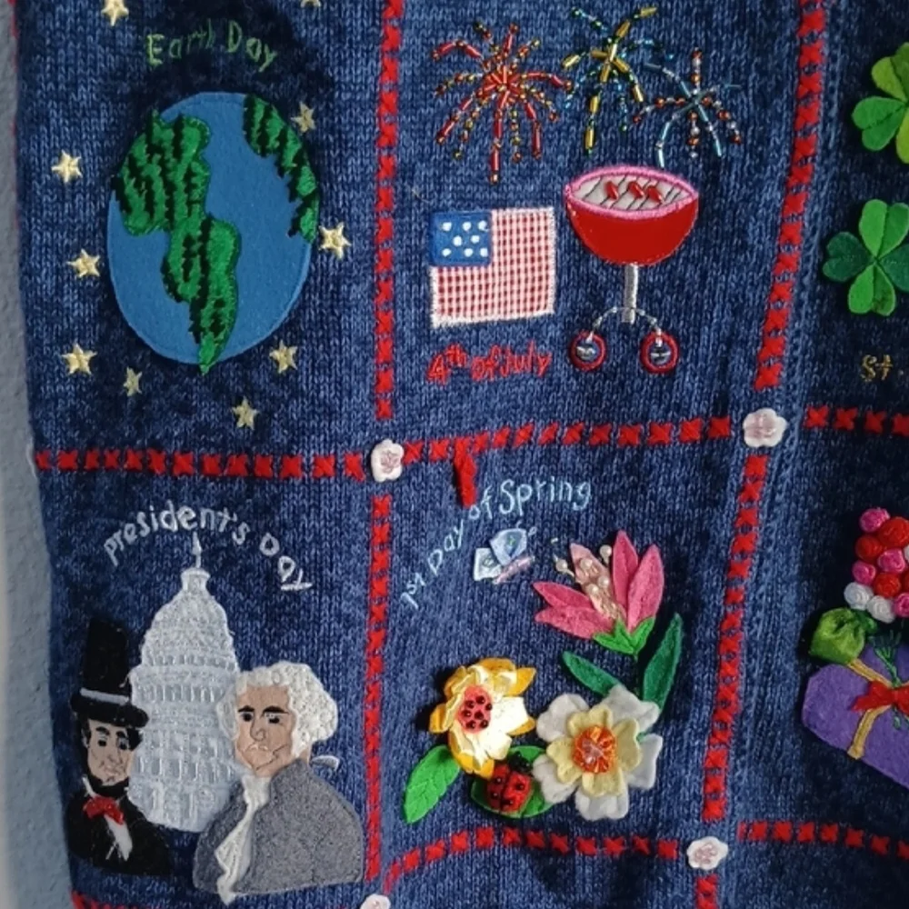 Vintage Marisa Christina Navy Blue Knit Embroided Calendar Vest Size Large - Picture 3 of 5